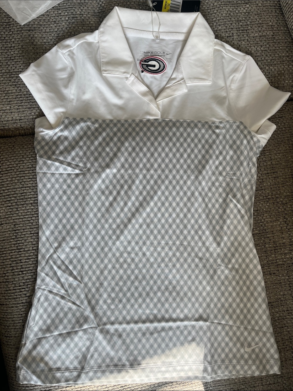 Nike White & Light Gray Short Sleeve Golf Polo with Argyle Band